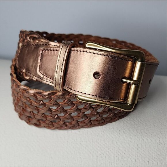 Talbots Braided Leather Belt Medium Brass Buckle Metallic - Picture 1 of 5